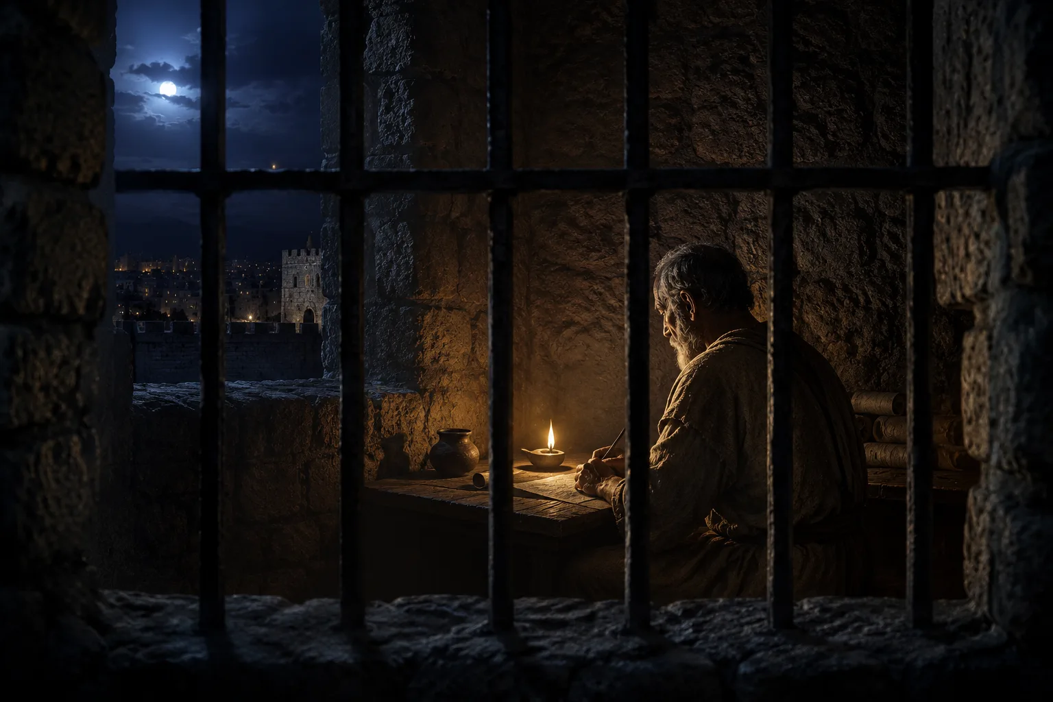 Paul writing in prison by lamplight