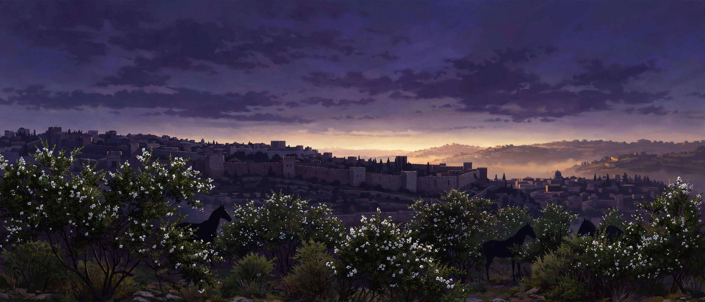 Zechariah banner — Jerusalem at dusk, myrtle trees and horses